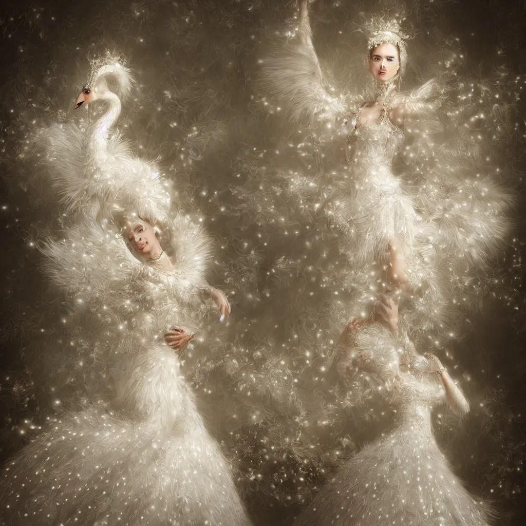 Image similar to a lady with a decorated dress made of white pearls and white plumes of swan highly detailed digital _ painting, cinematic, volumetric lighting, f 8 aperture, cinematic