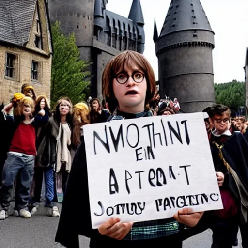 Image similar to Harry Potter protesting in front of Hogwarts