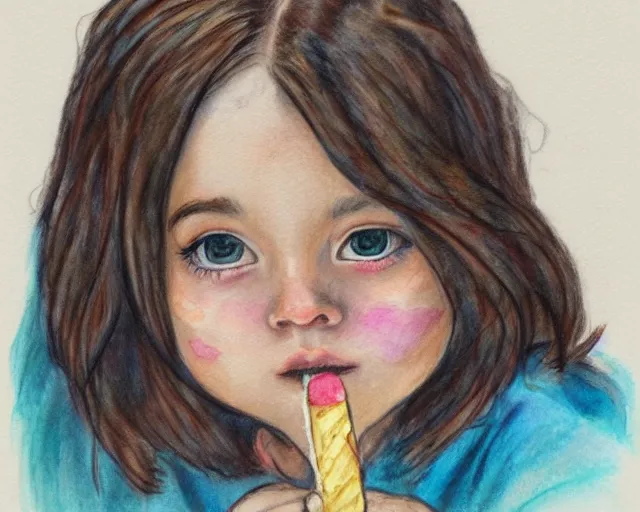 Prompt: a girl with the ice cream watercolor colored pencil painting by samuel smith trending on artstation