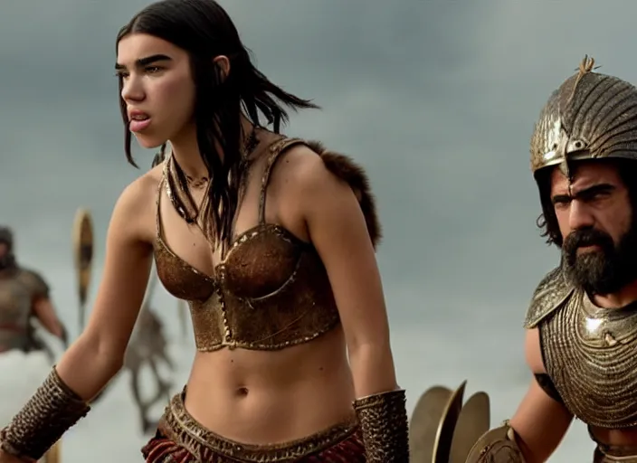 Image similar to film still of dua lipa as leonidas in 3 0 0 movie, 8 k