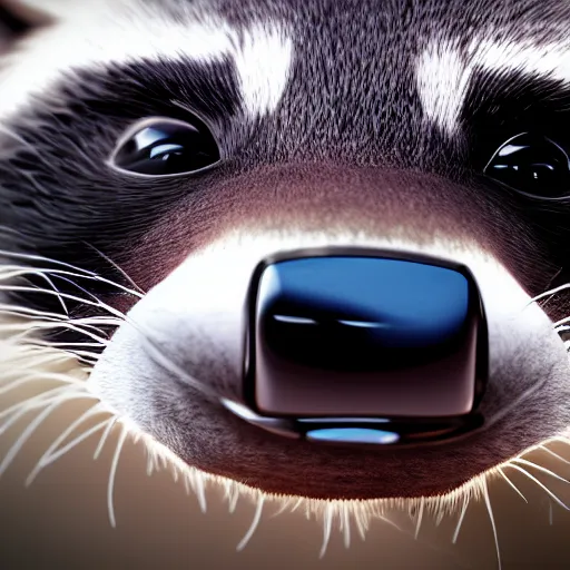 Prompt: a hyperrealistic octane render of a raccoon with a camera lens for a nose, photorealism, unreal engine, dramatic lighting, volumetric lighting, uplighting