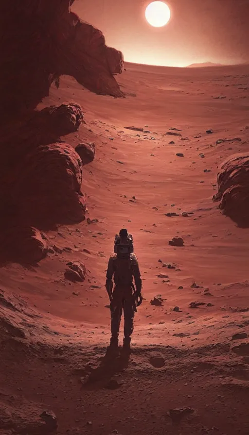 Image similar to lone person viewing at a lunar eclipse from the surface of Mars. Highly detailed, digital painting, artstation, concept art, sharp focus, illustration, art by and greg rutkowski and alphonse mucha.