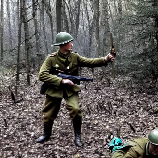 Image similar to ww 2 battlefield encounter in the woods between a german and a soviet soldier