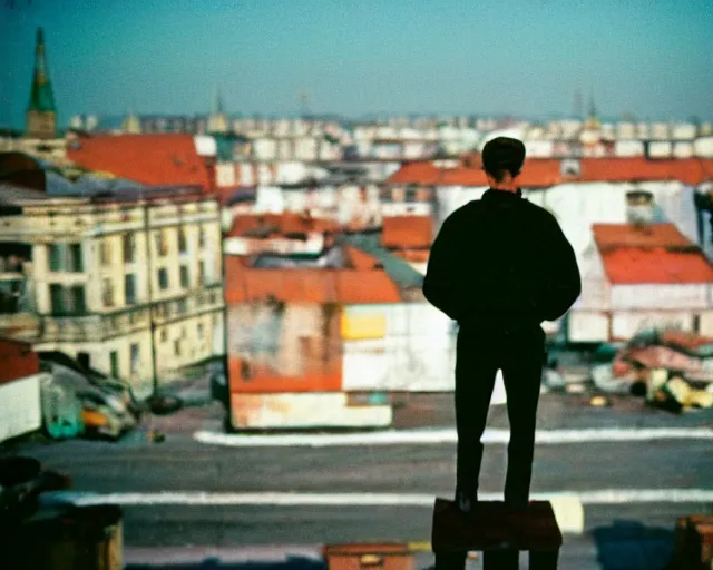 Image similar to lomo photo of man standing on the roof of soviet hrushevka, small town, cinestill, bokeh, out of focus