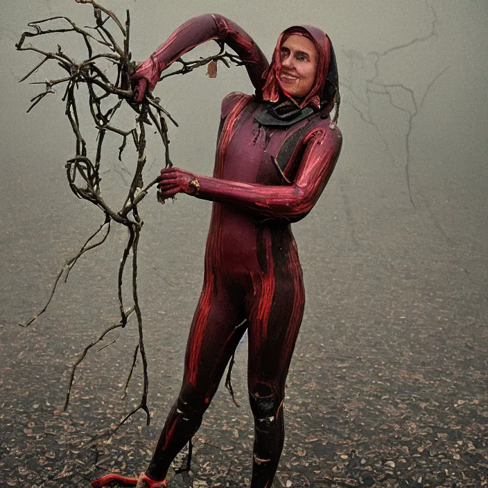 Prompt: a closeup portrait of a woman wearing a wetsuit made of rusted nails and ribbons, picking plums from a tree in an orchard, foggy, moody, photograph, by vincent desiderio, canon eos c 3 0 0, ƒ 1. 8, 3 5 mm, 8 k, medium - format print