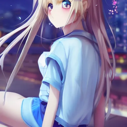 Prompt: a very beautiful anime girl, full body, long wavy blond hair, sky blue eyes, full round face, short smile, cute top, miniskirt, sitting on a miniature city, cinematic lightning, medium shot, mid-shot, highly detailed, trending on Artstation, Unreal Engine 4k, cinematic wallpaper by Stanley Artgerm Lau, WLOP, Rossdraws, James Jean, Andrei Riabovitchev, Marc Simonetti, and Sakimichan