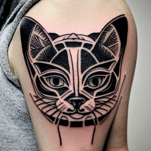 Prompt: a geometric style tattoo of a siamese cat laying in a bowl of ramen noodles