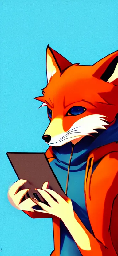 Image similar to an anime art of anthropomorphic fox in a blue hoodie hacking a portable computer, artstation, digital art, oc commission, style by riot team, high detailed, stylised