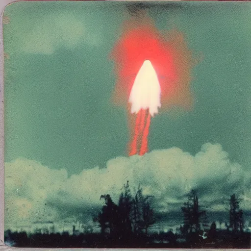 Image similar to aged polaroid photo of a bright red missile launch, wide view, film grain, red color bleed, onlookers watching