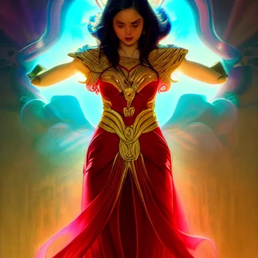 Prompt: kristine hermosa as darna, volumetric lights, red and cyan theme, art nouveau botanicals, intricate, highly detailed, digital painting, artstation, concept art, smooth, sharp focus, cinematic, illustration, beautiful face, art by artgerm and greg rutkowski and alphonse mucha