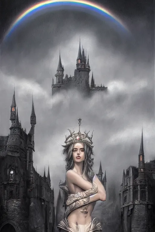 Prompt: By Tom Bagshaw and Boris Vallejo, ultra realist soft painting of a castle court by night, centered female princess fully dressed, horror, omnious sky, symmetry accurate features, very intricate details, fading rainbow light, black and white, volumetric light clouds, artstation, 8K