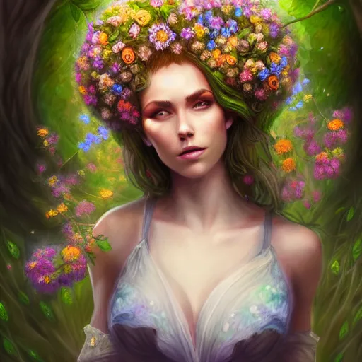 Image similar to upper body of a beautiful woman clothed in flowers and leaves standing in an enchanted forest, high fantasy, elegant, epic, detailed, intricate, digital painting, concept art, realistic detailed face, smooth, focus, rim light