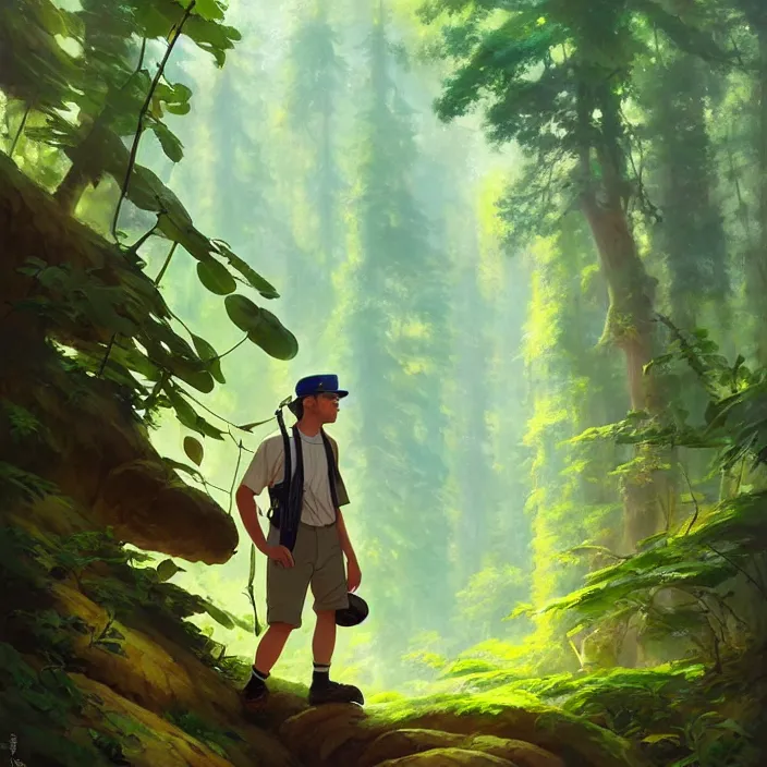 Prompt: a man with a baseball hat hiking through a deep lush forest space ship pilot in the style of studio ghibli, j. c. leyendecker, greg rutkowski, artem