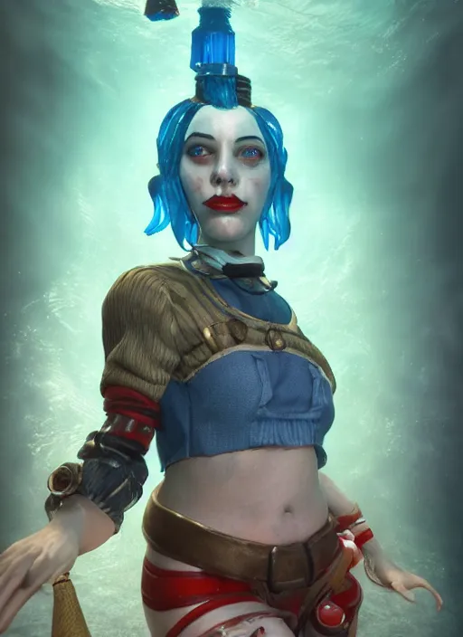 Image similar to underwater bioshock portrait of harley quinn, au naturel, hyper detailed, digital art, trending in artstation, cinematic lighting, studio quality, smooth render, unreal engine 5 rendered, octane rendered, art style by klimt and nixeu and ian sprigger and wlop and krenz cushart