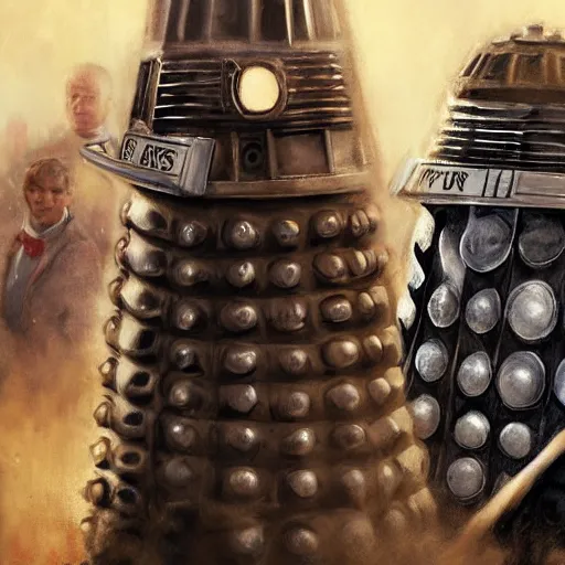 Image similar to close up of doctor who and the daleks in full leather armor, cinematographic shot, by daniel f. gerhartz