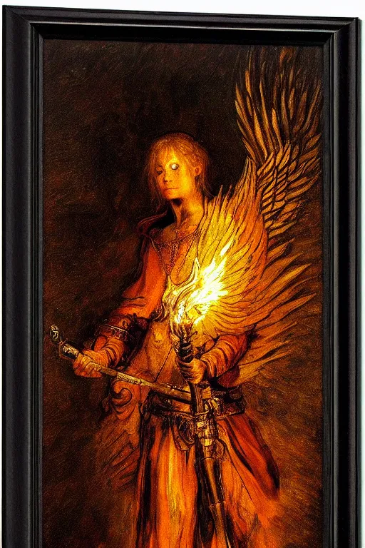 Prompt: Seraphim of War. Battle Angel. Warrior with a sword of fire. By rembrandt.