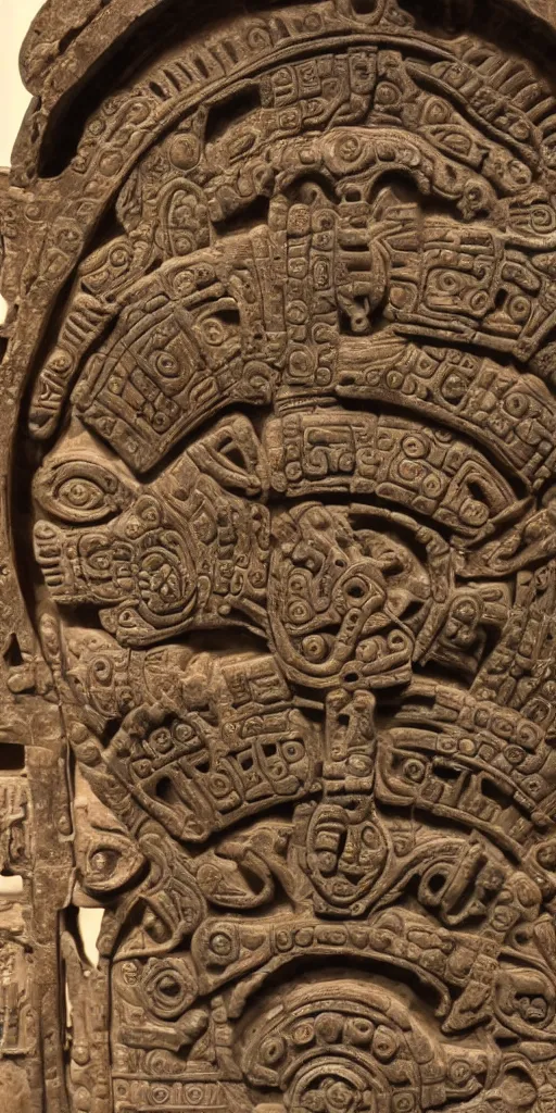Image similar to detailed photo of ancient bus in museum, photorealism, aztec culture, intricate detail, museum diffuse lighting