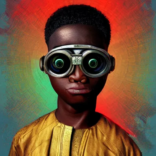 Image similar to colourful vfx upper half - portrait - art of a nigerian boy wearing steam punk goggles, art by utagawa kunisada & james jean, symmetrical, intricate detail, concept art, volumetric light, ray tracing, caricature, digital illustration, octane 3 d render, unreal engine, sharp, 8 k post process, pinterest, behance, art station,