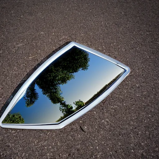 Prompt: realistic photo of boat on flat triangle mirrors lying flat on the ground stretching to the horizon