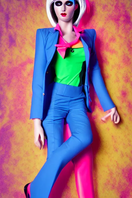 Prompt: realistic photoshooting for trouser suit for a rave, bright colors, vhs colour photography, fashion photography, vogue, smooth skin, perfect face, 8 0 mm lens, 1. 2 aperture, cinematic light, very detailed,