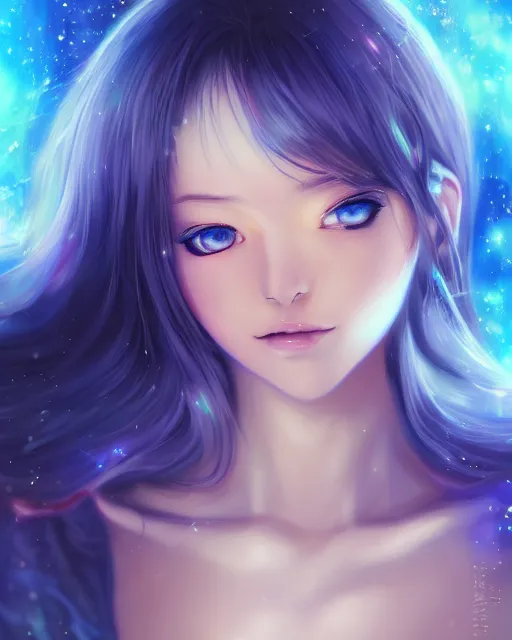 Prompt: A realistic anime portrait of a beautiful cosmic woman with glowing blue eyes and skin made of universes wearing clothes made of galaxies, digital painting, by Stanley Artgerm Lau, Sakimichan, WLOP and Rossdraws, digtial painting, trending on ArtStation, SFW version