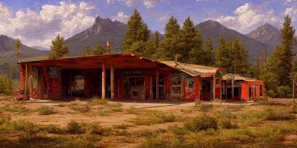 Image similar to an abandoned old rusty American gas station in Colorado mountains, oil painting, highly detailed, artwork, in style of Albert bierstadt