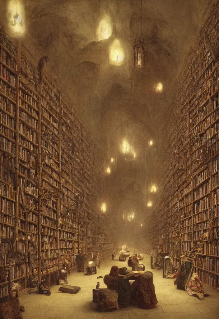 Prompt: a room full of confused wizards in their library playing with their new room sized magical computers of light, infinite hallways