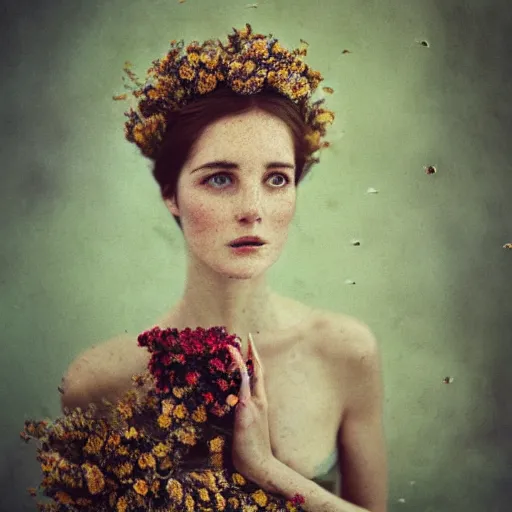 Image similar to fine art photo of catherine diana ; princess of wales, she has a crown of dried flowers, by oleg oprisco