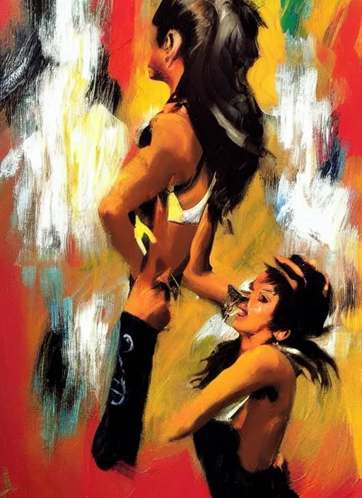 Prompt: emotional brazilian samba dancer girl, painting by phil hale, fransico goya,'action lines '!!!, graphic style, visible brushstrokes, motion blur, blurry, visible paint texture, crisp hd image