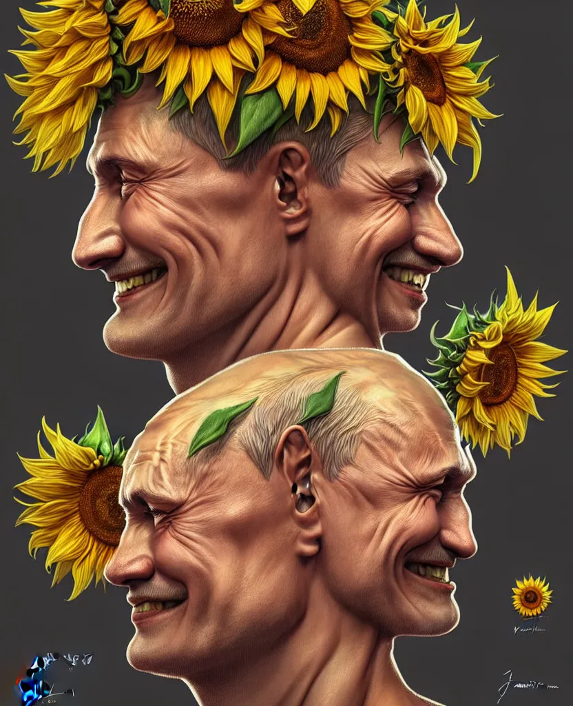 Image similar to digital art, centered full body of Putin smiling king, Sunflower crown, ,intricate, veins, by James Jean and by artgerm , by ross tran ultradetailed, charachter design, concept art, trending on artstation,