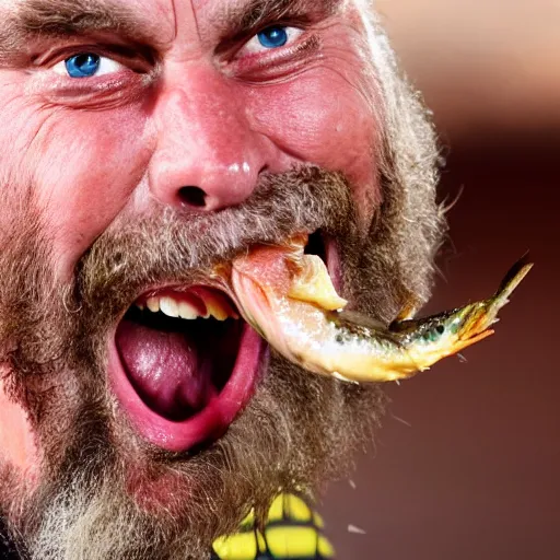 Prompt: close up shot of brian blessed swallowing a fish whole. photography, photographic