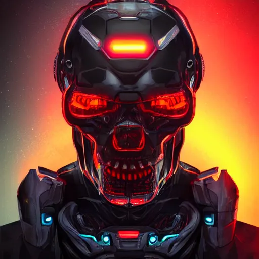 Image similar to full front face centered hyperdetailed portrait of a mecha skull ronin, 8k, digital painting, futuristic, black neon lights, trending on CG society