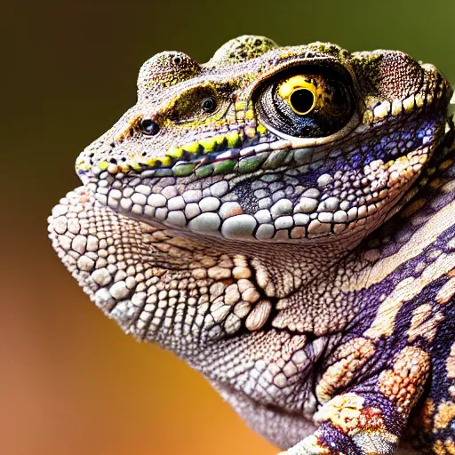 Prompt: An award winning photo of Tokay crocodile chameleon looking at the camera, cute, environmental portrait, wildlife photography, National Geographic, 4k