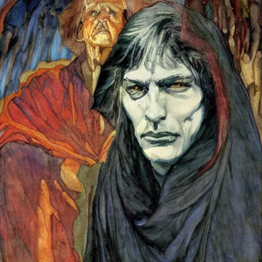 Prompt: comics sandmanin a cloak by Neil Gaiman, in style The Demon Seated, by Mikhail Vrubel, oil painting, art gallery, art museum, small details, whole-length, hyperrealism, black cloak, very detailed face, very detailed torso, 4k--steps 50