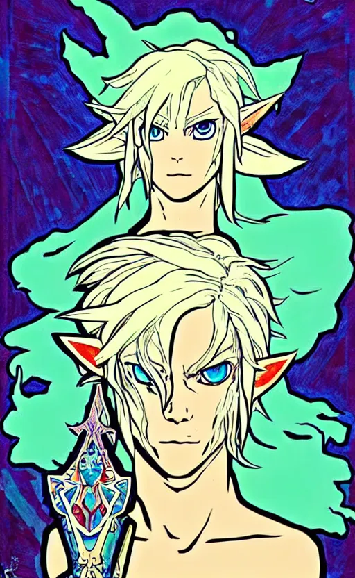 Image similar to link as the fierce diety form with white hair!! from the legend of zelda!! portrait illustration, pop art, splash painting, art by geof darrow, ashley wood, alphonse mucha, makoto shinkai