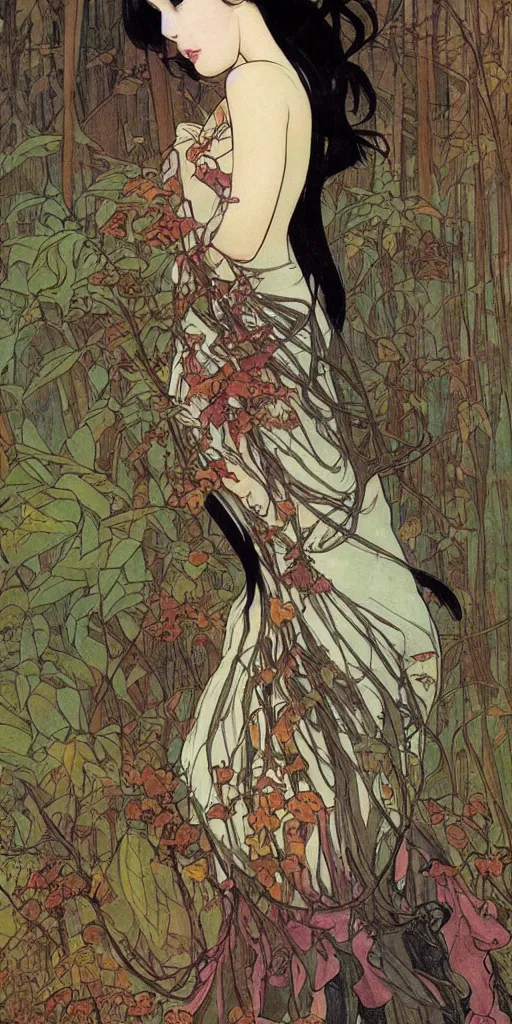 Image similar to a beautiful illustration of a beautiful lady with black hair in a forest in autumn, style of yoshitaka amano and alfons mucha