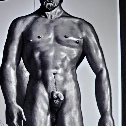 Image similar to lgbt art, tom of finland style, vladimir lenin, in billy herrington body, communism art in 4 k, high quality