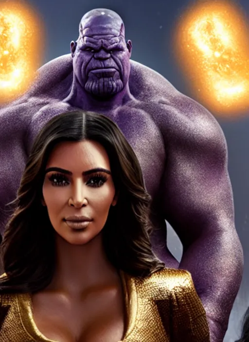 Prompt: kim kardashian as thanos, movie still, cinematic lighting, red camera, kevin feige