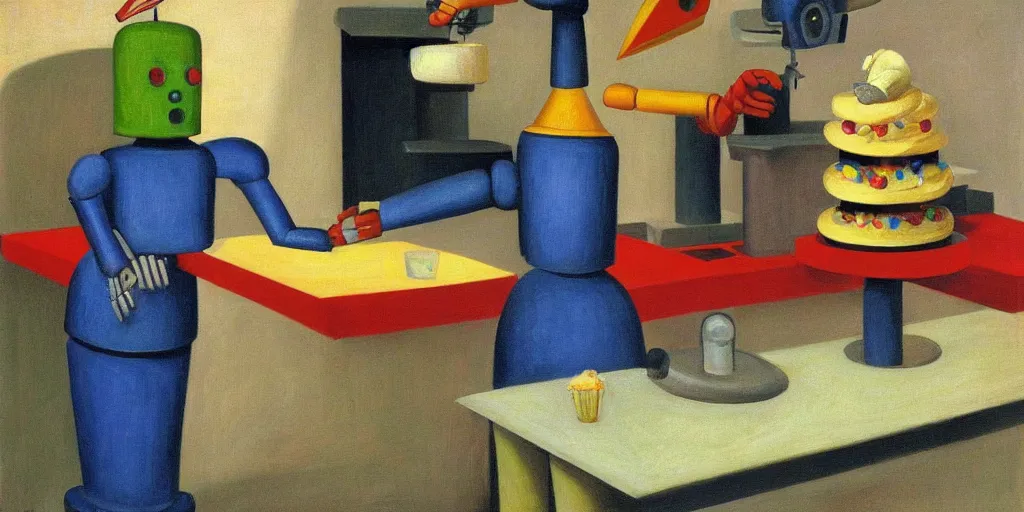 Image similar to robot with a beak dispensing icing onto cupcakes on a conveyor belt, grant wood, pj crook, edward hopper, oil on canvas