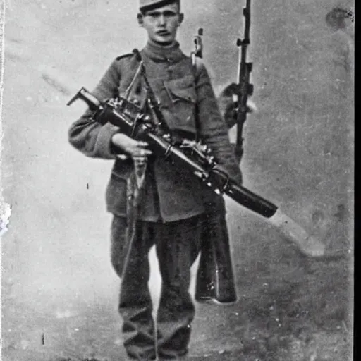 Image similar to old wartime photograph of vitalik buterin holding a lewis gun, 1 9 1 7