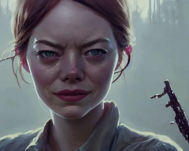 Image similar to highly detailed portrait of emma stone, in the walking dead, stephen bliss, unreal engine, fantasy art by greg rutkowski, loish, rhads, ferdinand knab, makoto shinkai and lois van baarle, ilya kuvshinov, rossdraws, tom bagshaw, global illumination, radiant light, detailed and intricate environment