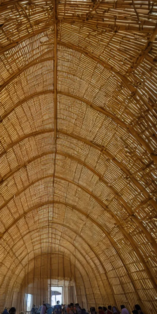 Prompt: inside small pavilion made of bamboo. complex curved vaulting structure. a large crowd at a party. bundled columns branching recursively into roof, architectural photography., 4 k, 8 k. volumetric lighting.