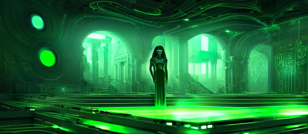 Image similar to the ethereal god of technology bestows the gift of green circuits to humanity. immaculate matte painting. fantastic. velvet and emerald. high key studio lighting. fractal dreams. ancient egypt, trending on artstation, cgsociety, ps 5, uhd 8 k cryengine