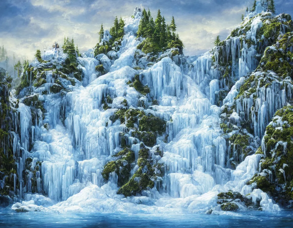 Image similar to hyper realistic oil painting of frozen sphere island with waterfall, floating in the air, hd, hdr, by stanisław wyspianski, ultra detailed, high resolution