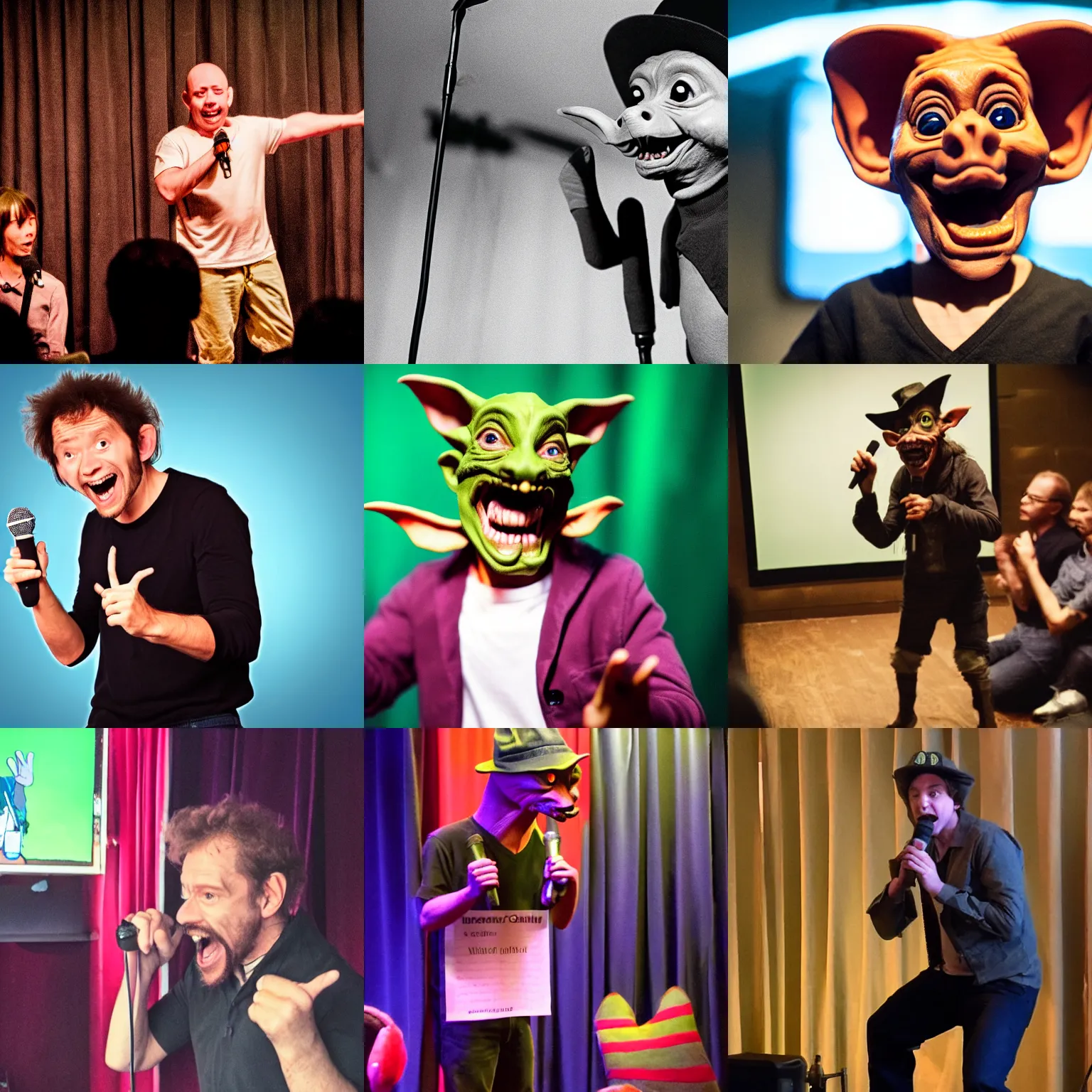 Prompt: photo of a goblin doing stand up comedy, going goblin mode