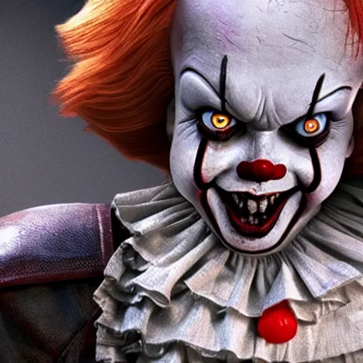 Image similar to pennywise in the style of chucky, realistic photo, well detailed, trend in artstation, 8k