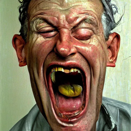 Image similar to high quality high detail painting by lucian freud, hd, screaming man, photorealistic lighting