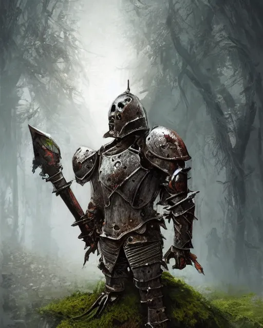 Image similar to An undead medieval knight wearing rusted armor covered in moss, by Stanley Artgerm Lau, WLOP, Rossdraws, James Jean, Andrei Riabovitchev, Marc Simonetti, and Sakimichan, tranding on artstation