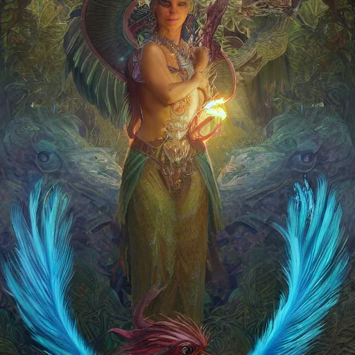 Prompt: quetzalcoatl glowing with magic, quetzal feathers,jungle landscape, D&D, fantasy, intricate, elegant, highly detailed, digital painting, artstation, concept art, matte, sharp focus, illustration, art by Artgerm and Greg Rutkowski and Alphonse Mucha