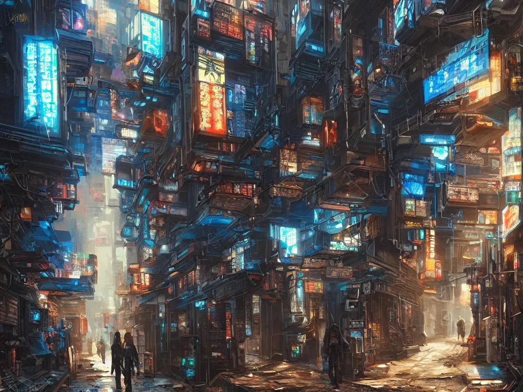 Prompt: realistic painting of a complex, gritty alleyway of a cyberpunk city, piping, concept art, technological screens, cyberpunk style, cyberpunk ads, hieroglyphic signs, computation, intricate detail, noriyoshi ohrai and edward hopper, realism, blue color scheme, trending on artstation